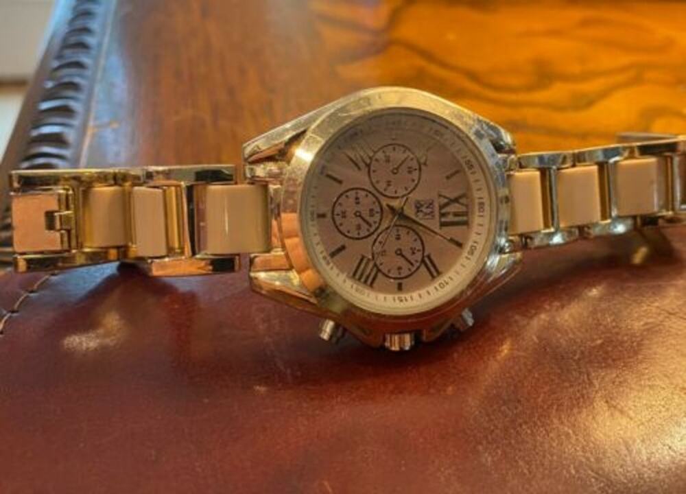 Women's 40mm Rose Gold NY&C Watch, Multifunction Look, Beige Resin Accented Band